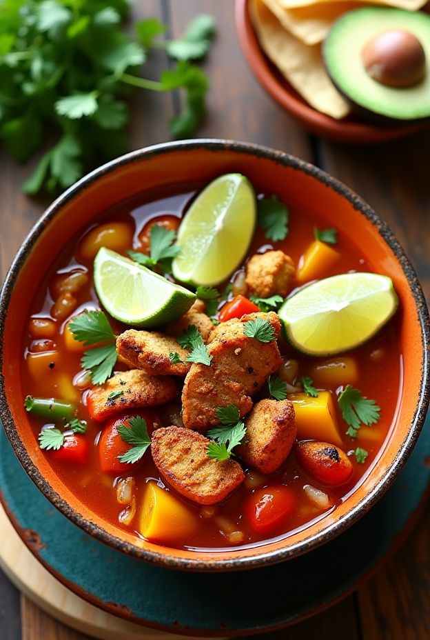 Hearty Chicken Fajita Soup packed with chicken, peppers, and spices garnished with lime and cilantro.