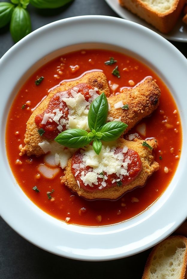 Chicken Parmesan Soup with breaded chicken, marinara sauce, melted mozzarella, and tomato basil broth served in a white bowl.