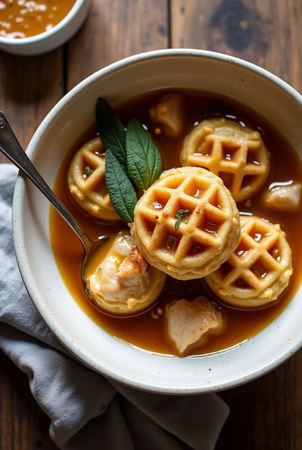 A comforting Chicken & Waffle Dumpling Stew with savory chicken and crispy waffle-batter dumplings served in rich broth.