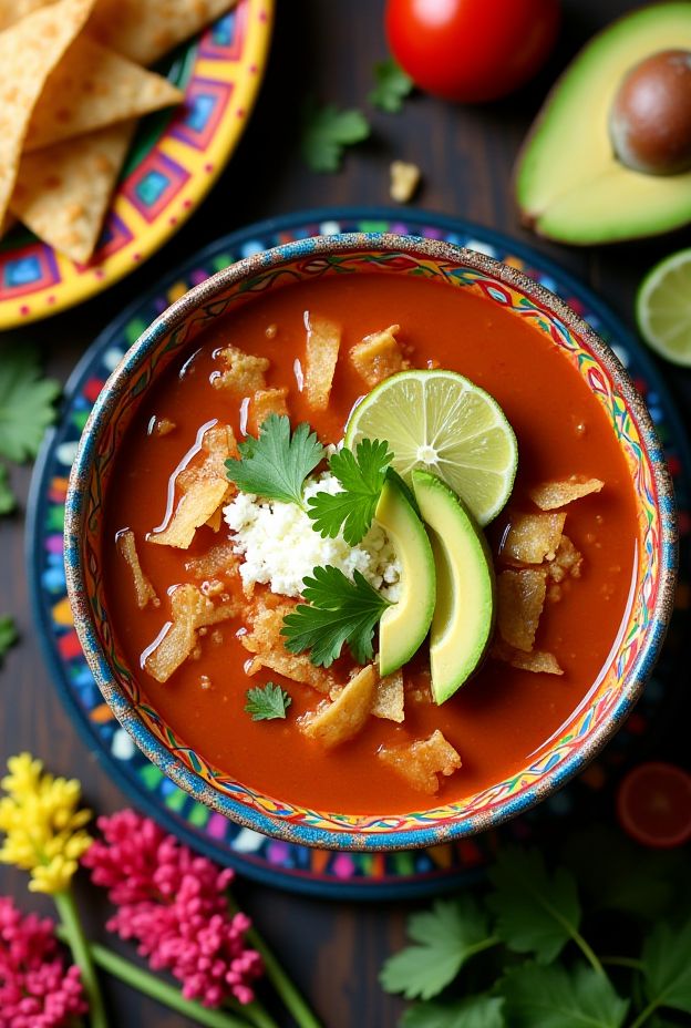 Colorful and festive Cinco de Mayo Tortilla Soup with crispy tortillas, avocado, lime, and fresh cilantro.
