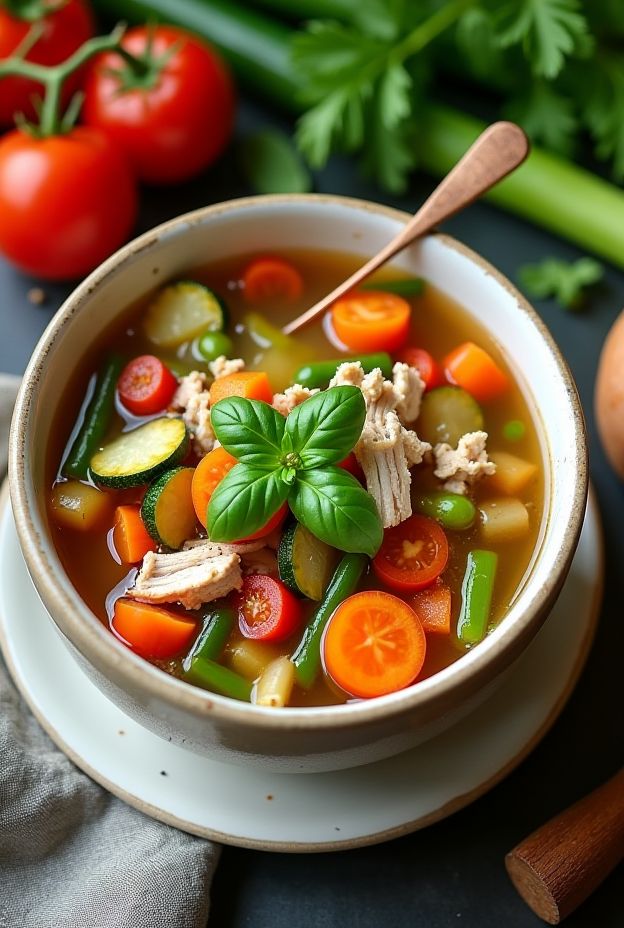 Nourishing turkey and vegetable soup brimming with fresh ingredients and flavors.
