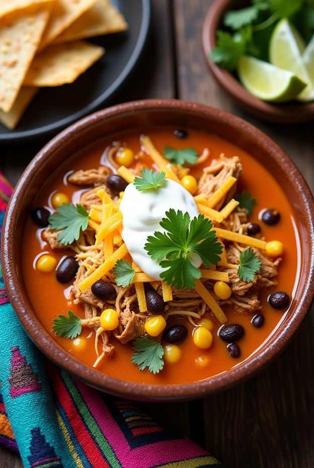 Creamy Chicken Enchilada Soup with chicken, black beans, corn, topped with cheese, tortilla strips, and cilantro.