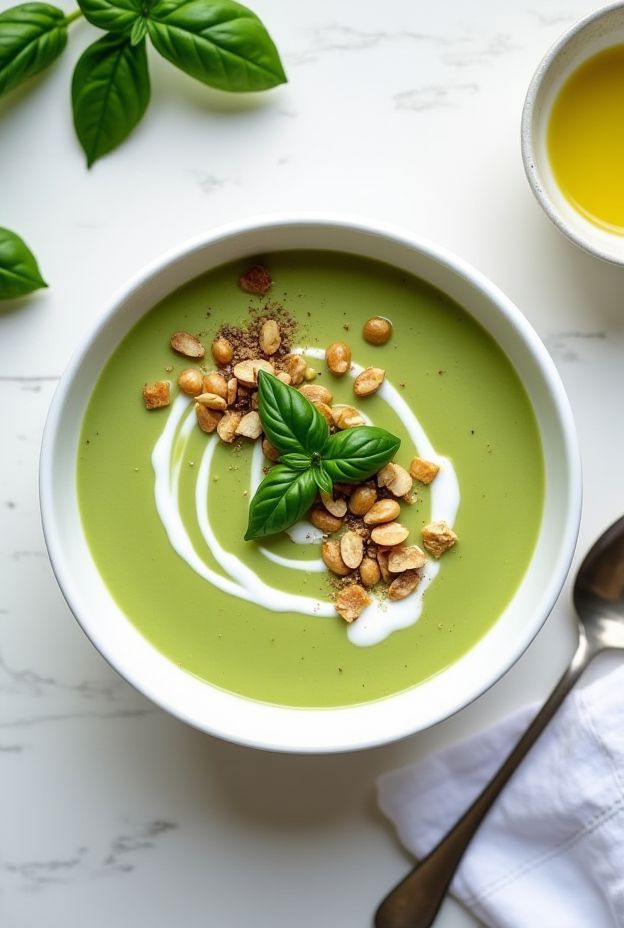 Creamy Zucchini & Basil Soup, a healthy and velvety dish with cashew cream and fresh basil garnishes.