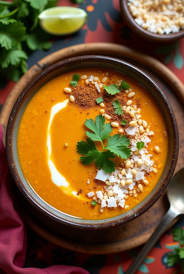 Curried Red Lentil & Coconut Soup garnished with cilantro, pine nuts, and a swirl of coconut milk.