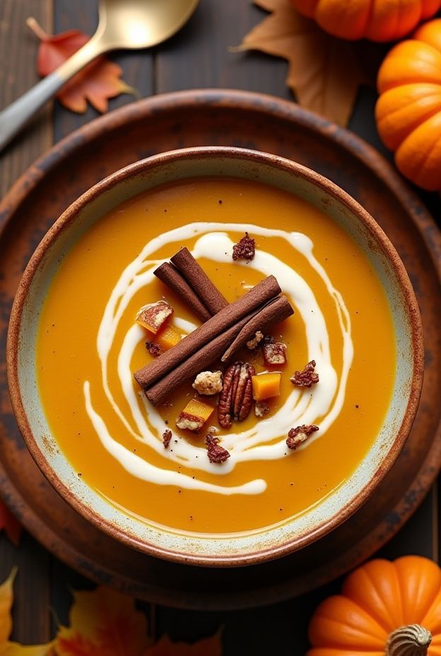 A creamy Fall Harvest Apple and Squash Soup garnished with nuts and cream, perfect for autumn meals.