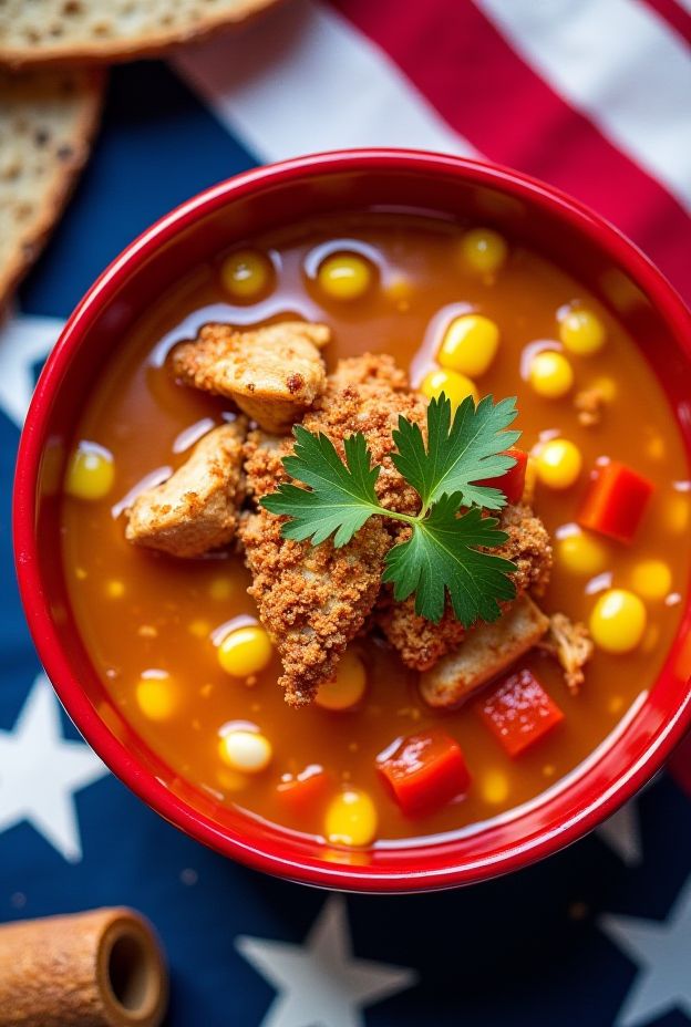 Fourth of July BBQ Chicken Corn Soup with shredded chicken, corn, and peppers, perfect for summer gatherings.