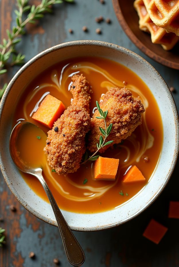Southern-inspired Fried Chicken and Waffle Soup with sweet potatoes and maple syrup drizzle in a bowl.