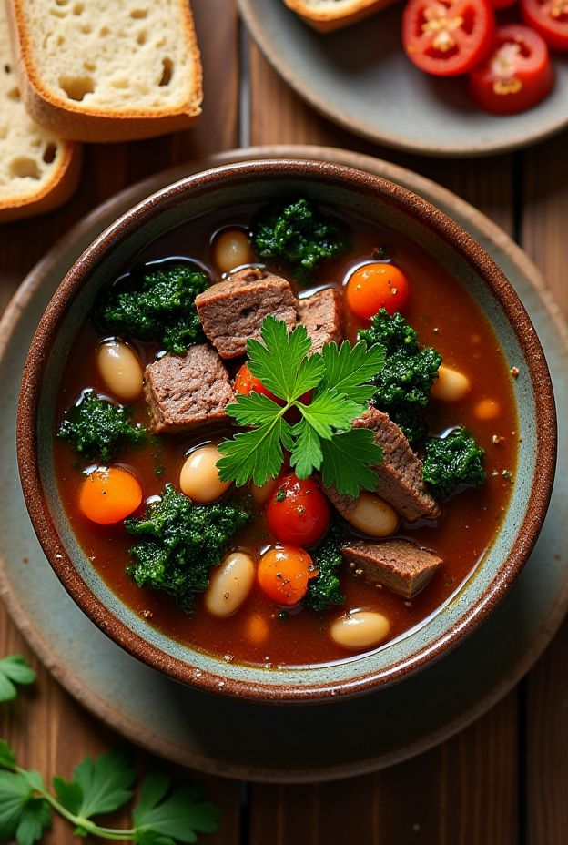 Iron-Rich Beef & Kale Soup loaded with lean beef, kale, beans, and fresh vegetables for a nutrient-packed meal.