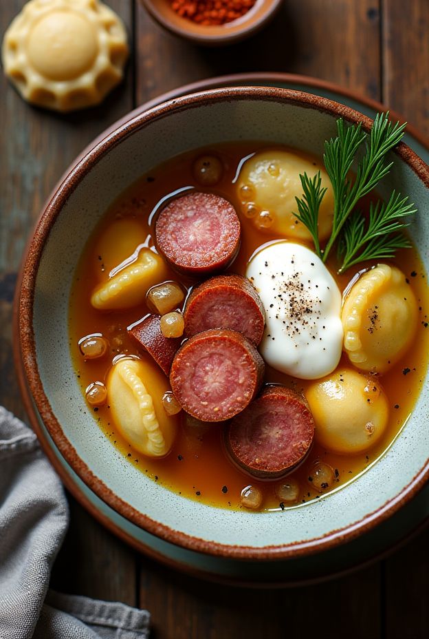 Discover a hearty Kielbasa & Pierogi Soup that combines smoked sausage and potato dumplings, perfect for warming meals.