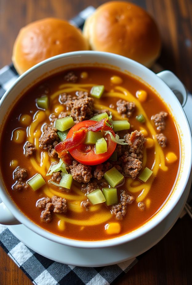 Loaded Cheeseburger Soup with ground beef, cheese, pickles, and bacon for a hearty meal.