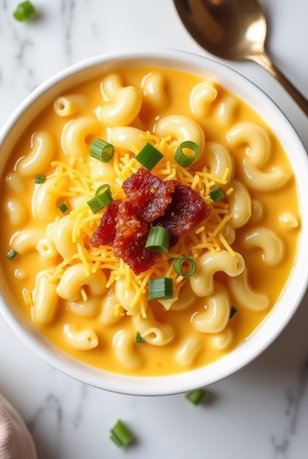 Creamy Mac and Cheese Soup with bacon and cheddar, a comforting bowl of cheesy goodness.