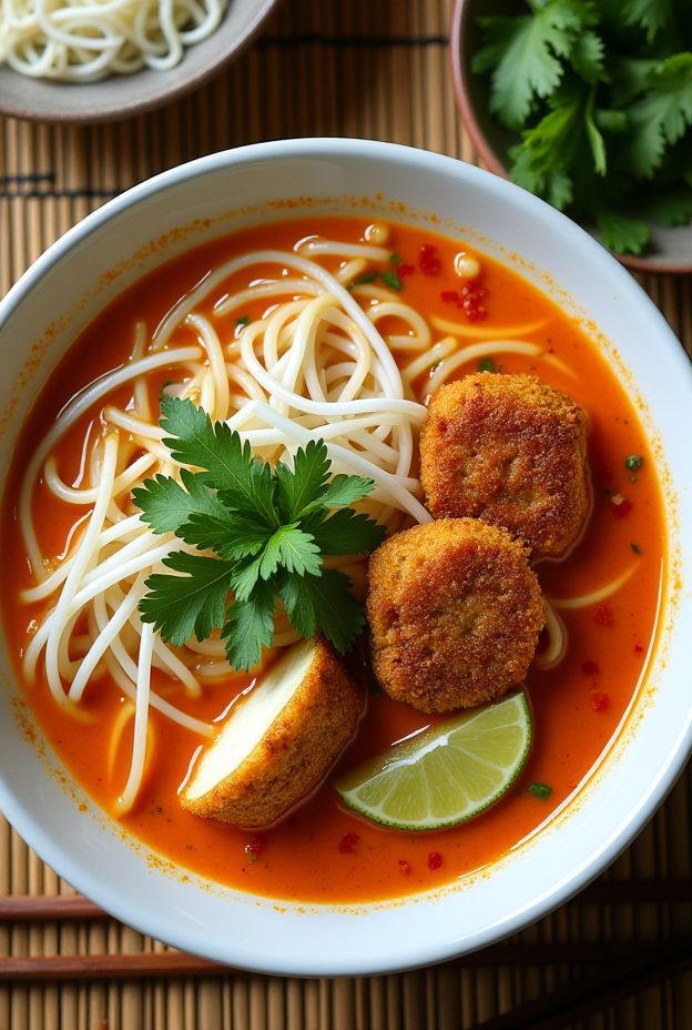 A vibrant bowl of Malaysian Laksa featuring rice noodles, fish cakes, tofu, and spices in rich coconut curry broth.