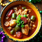 Comforting Mardi Gras Chicken & Sausage Gumbo-Style Soup with Cajun spices, chicken, sausage, and okra served in a festive bowl.