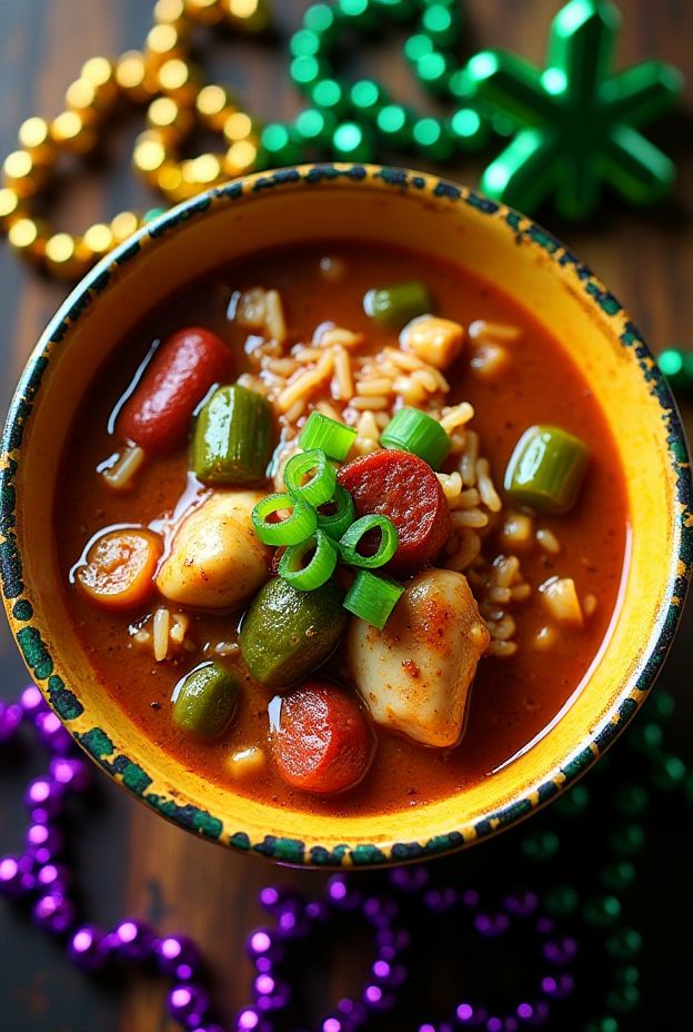 Comforting Mardi Gras Chicken & Sausage Gumbo-Style Soup with Cajun spices, chicken, sausage, and okra served in a festive bowl.