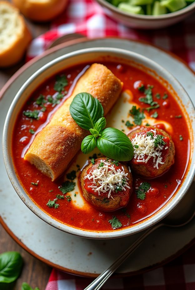 Warm and savory Meatball Sub Soup with Italian meatballs, marinara sauce, melted provolone, and garlic bread on the side.