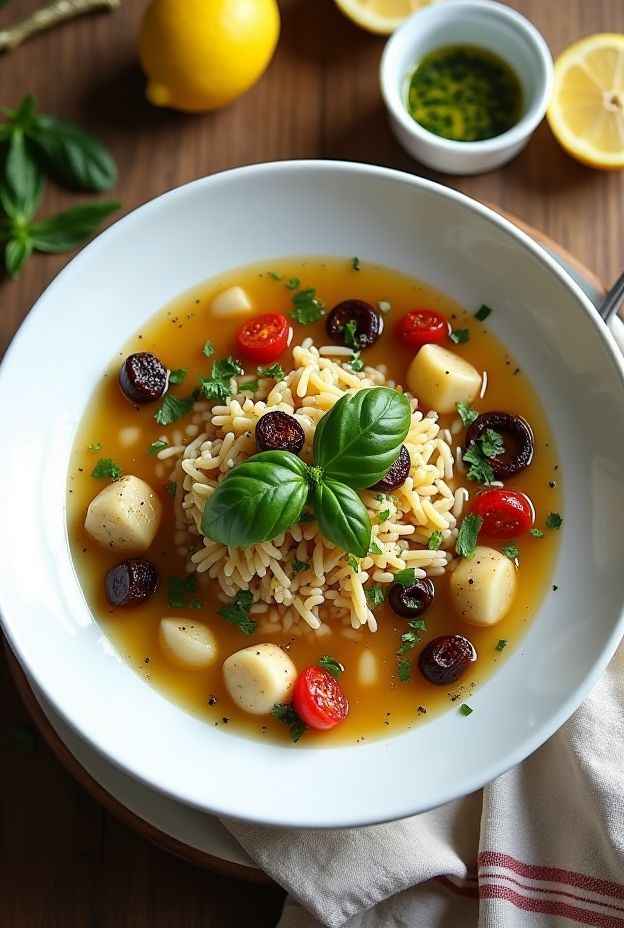 Mediterranean Artichoke & Orzo Soup garnished with fresh herbs and served in a bowl.