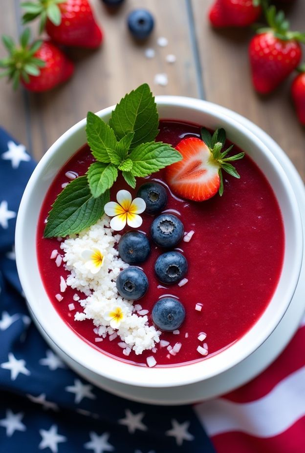 Chilled Memorial Day berry soup featuring strawberries, blueberries, and coconut cream garnished with mint leaves.