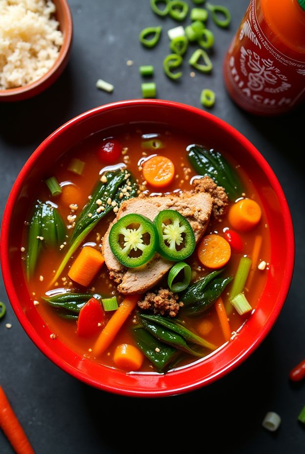 Spicy Sriracha soup with turkey, jalapeños, and fresh vegetables in a bright red bowl.