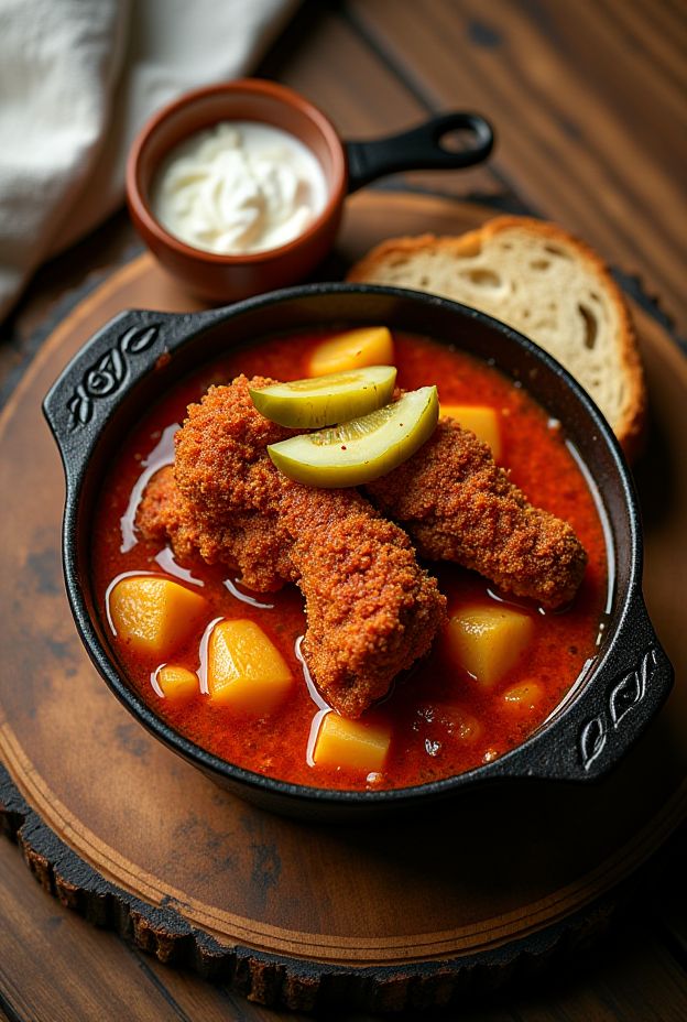 Spicy Nashville Hot Chicken Stew served with crispy chicken, potatoes, and a side of bread for comfort.