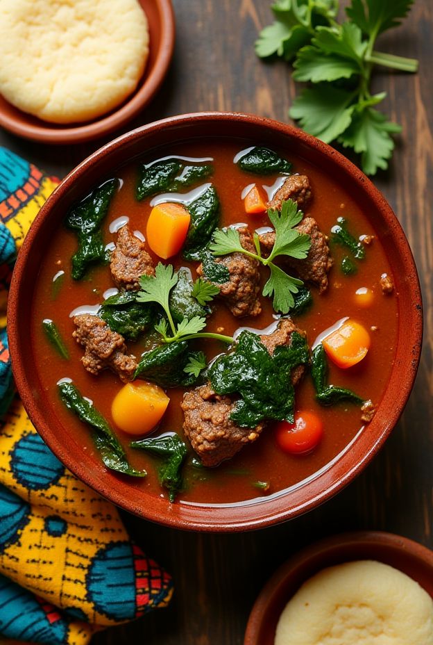 Nigerian Egusi Soup with beef, spinach, and tomatoes in a traditional bowl.
