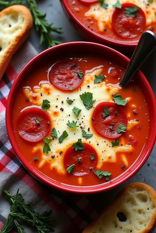 Hearty Pepperoni Pizza Soup featuring pepperoni, mozzarella and Italian herbs in vibrant red broth.