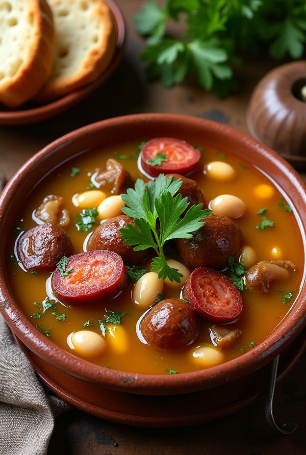 Rich Portuguese Caldo de Castanhas with chestnuts, chorizo, and white beans served in a rustic bowl.