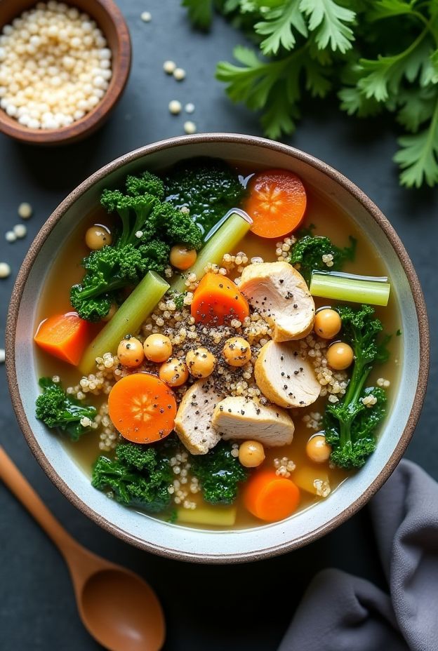 Protein Power Chicken & Chickpea Soup - High-protein soup featuring chicken, chickpeas, quinoa, and kale for a nutritious meal.