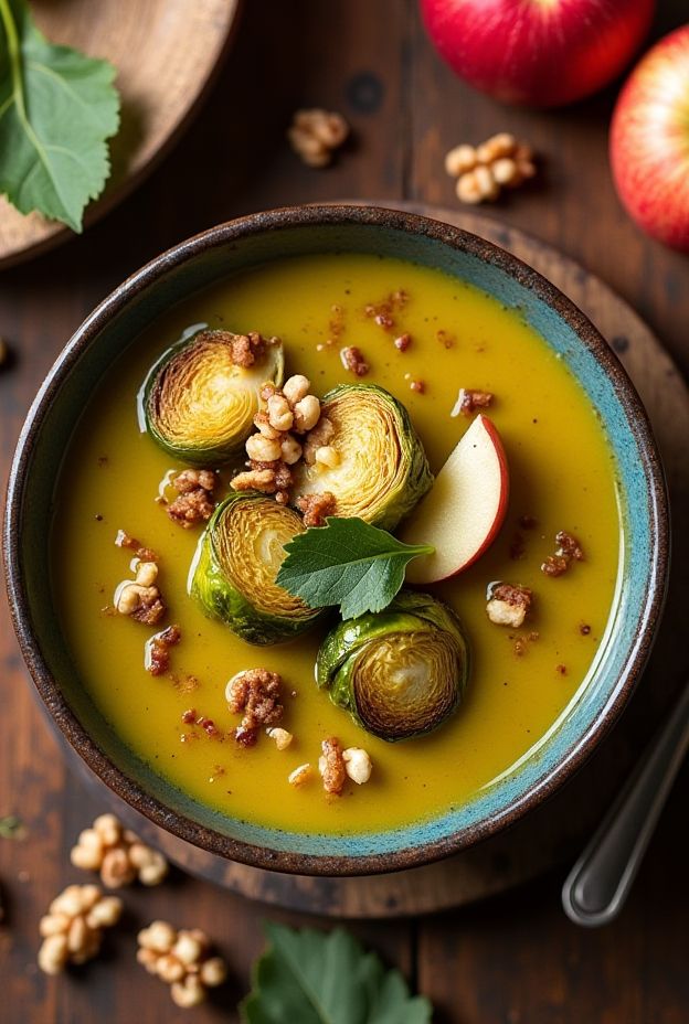 Roasted Brussels Sprout & Apple Soup served in a rustic bowl garnished with Brussels sprouts and nuts.