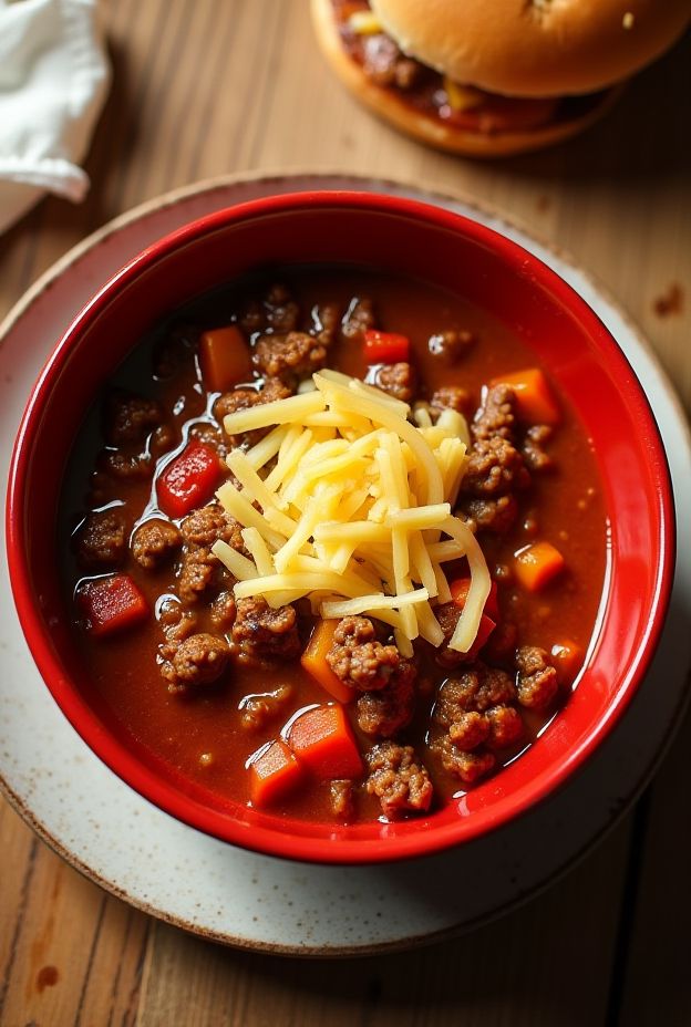 Sloppy Joe Soup served in a vibrant bowl, topped with shredded cheese for added flavor.