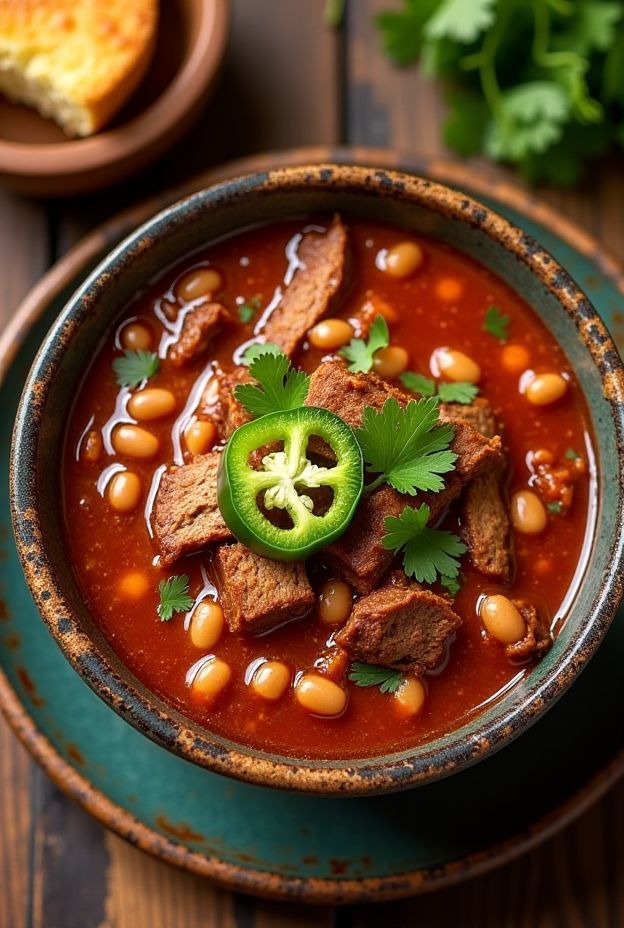 A hearty bowl of Smoky Brisket & Bean Soup with cornbread croutons, garnished with jalapeños and cilantro.