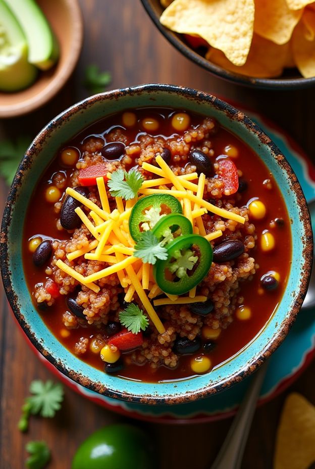 Smoky Three-Bean & Quinoa Chili filled with nutritious ingredients, garnished with fresh jalapeños and cheese.