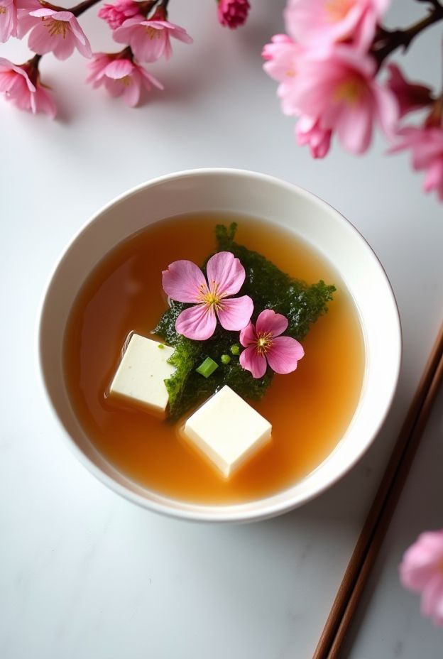 Spring Cherry Blossom Miso Soup featuring tofu, wakame, and edible flowers in a delicate broth.