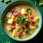 Delicious St. Patrick's Day Cabbage & Bacon Soup with potatoes in a green bowl garnished with parsley.