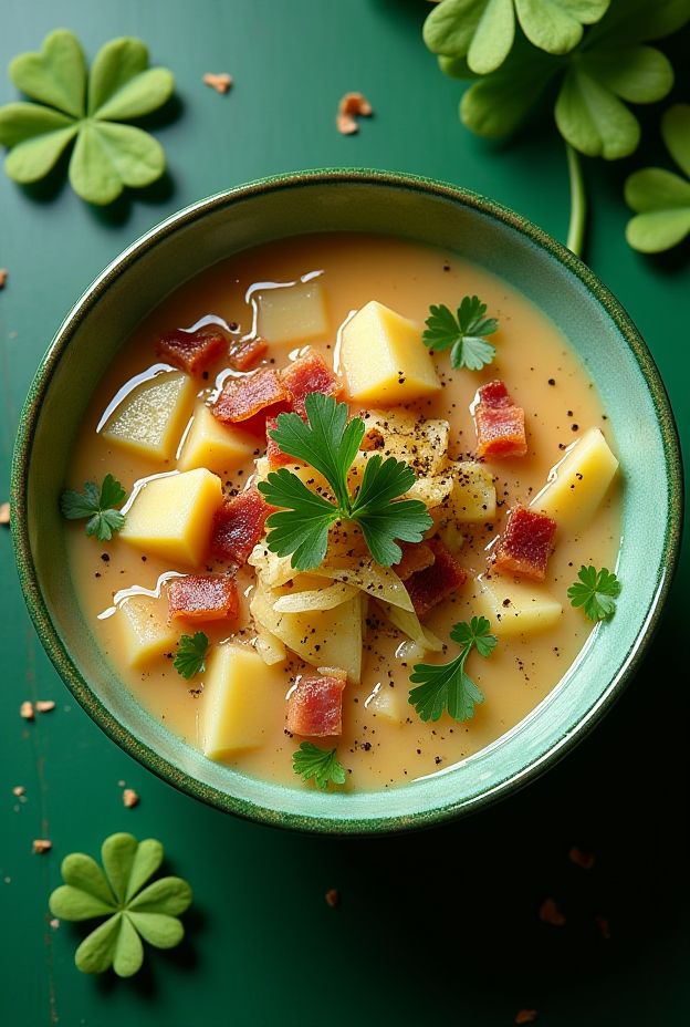 Delicious St. Patrick's Day Cabbage & Bacon Soup with potatoes in a green bowl garnished with parsley.