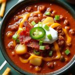 Chili Cheese Fries Soup with potatoes, cheese, bacon, and green onions for Super Bowl gatherings.