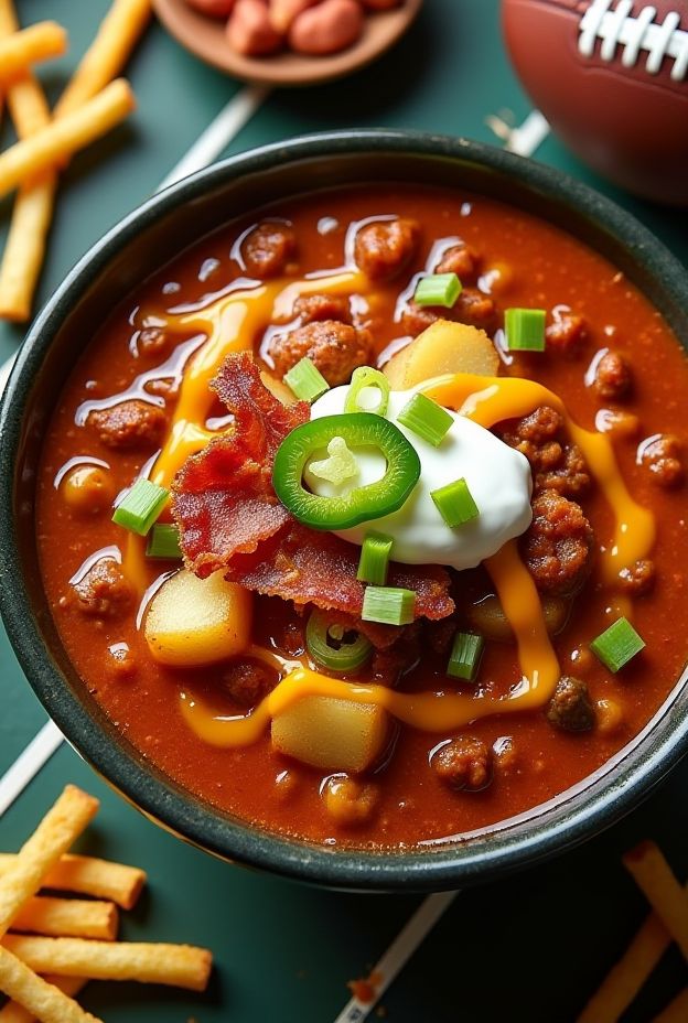 Chili Cheese Fries Soup with potatoes, cheese, bacon, and green onions for Super Bowl gatherings.