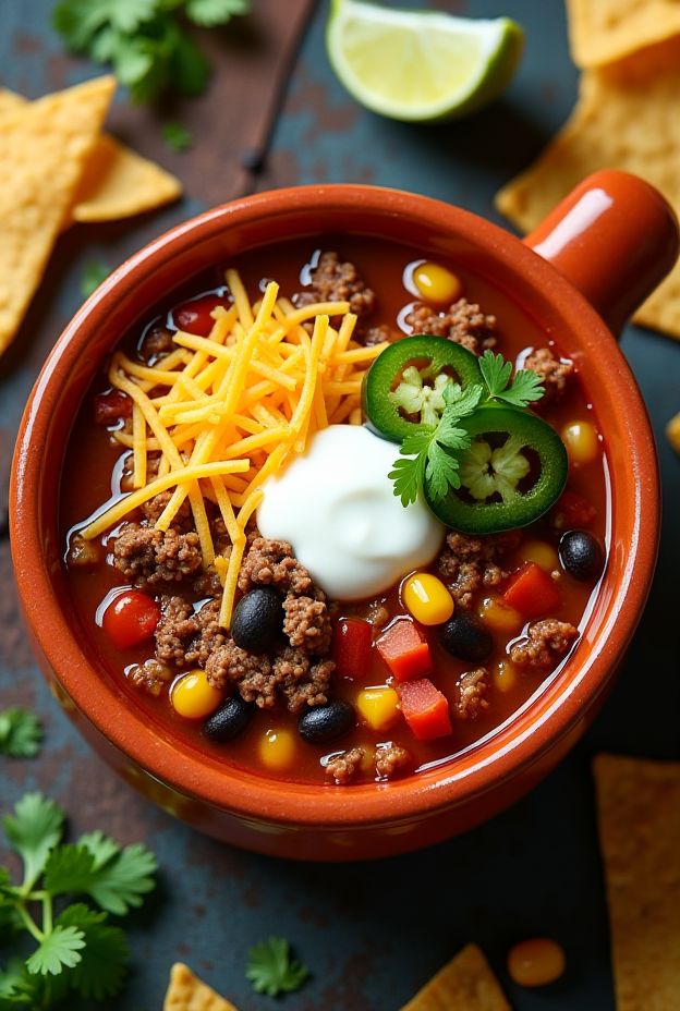 A vibrant bowl of taco soup featuring seasoned beef, beans, corn, and fresh toppings for a hearty delight.