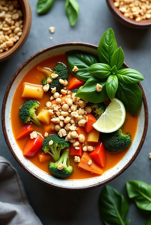 A vibrant bowl of Thai Peanut & Vegetable Soup with colorful vegetables, peanuts, and fresh basil garnishes.