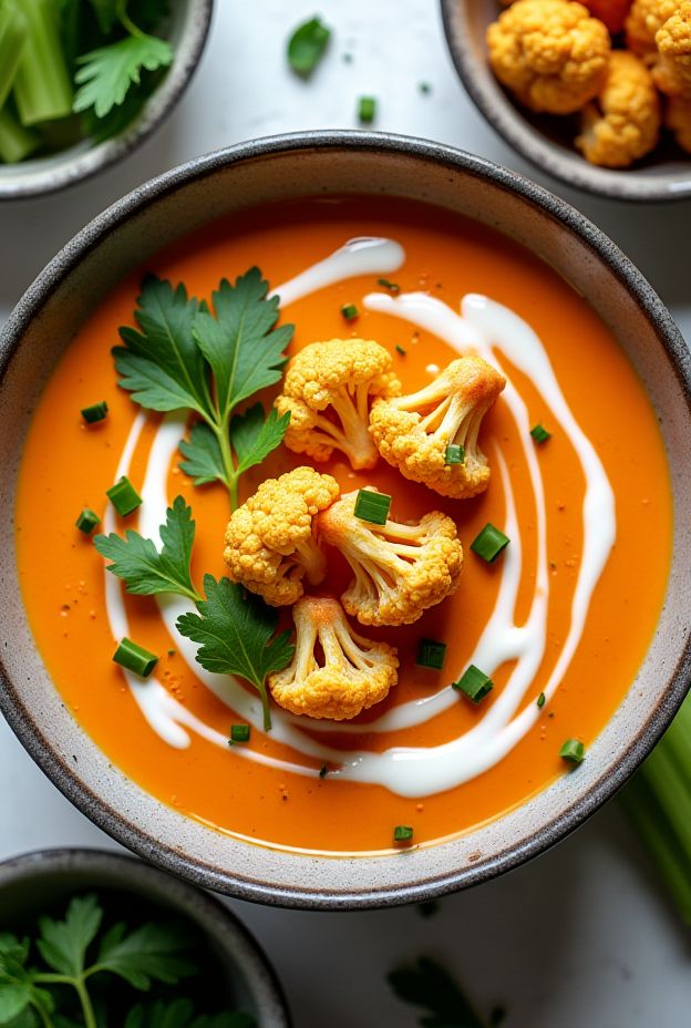 Vegan Buffalo Cauliflower Soup with creamy cashew sauce and garnished with cauliflower florets and parsley.