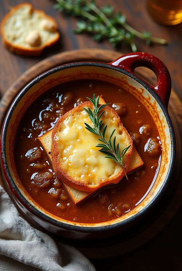 Vegan French Onion Soup with caramelized onions, rich vegetable broth, crusty bread, and melted vegan cheese.