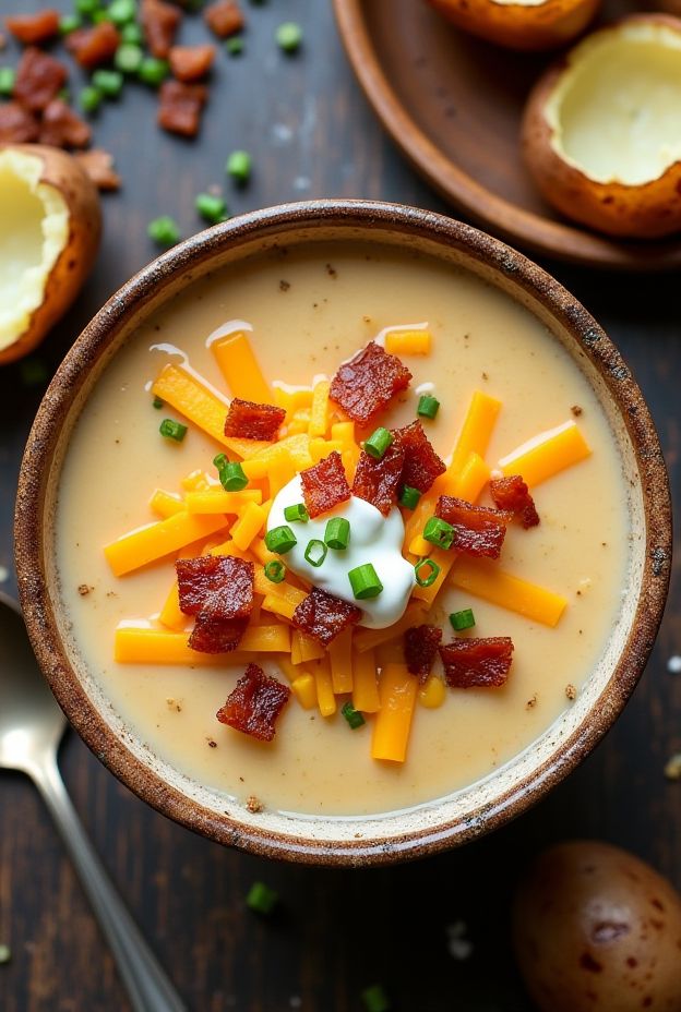 Vegan Loaded Baked Potato Soup with cheese, bacon bits, and chives, served in a rustic bowl.