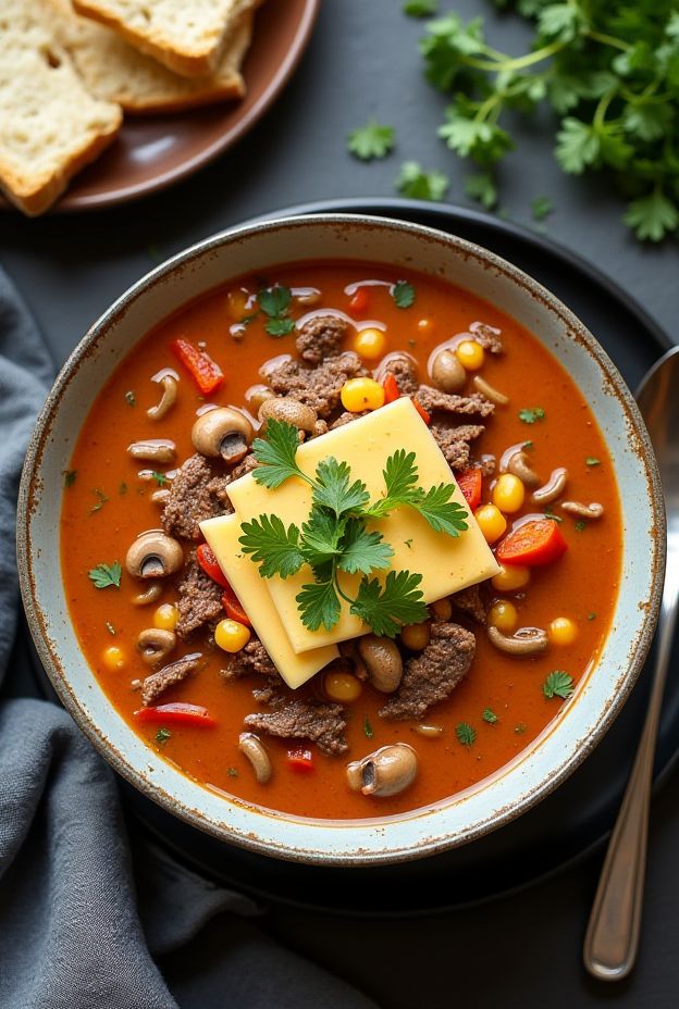 Vegan Philly Cheesesteak Soup with plant-based beef and creamy cashew cheese, perfect for a comforting meal.