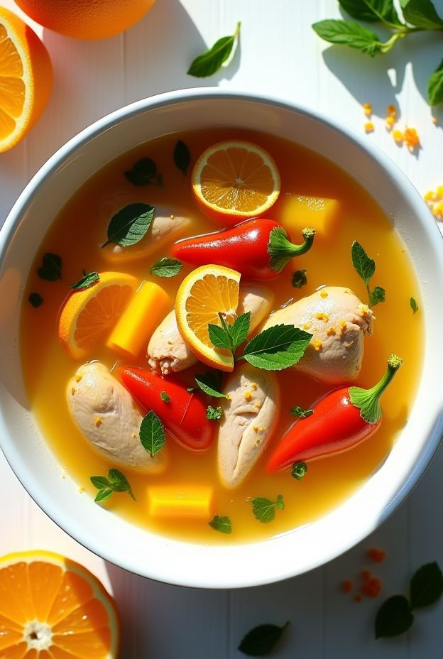 Vitamin C-rich chicken soup with oranges, lemons, and colorful bell peppers for a refreshing immune-boosting meal.