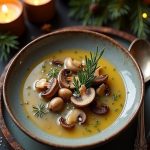 Luxurious Winter Solstice Wild Mushroom & Truffle Soup with fresh herbs in a bowl surrounded by candles.