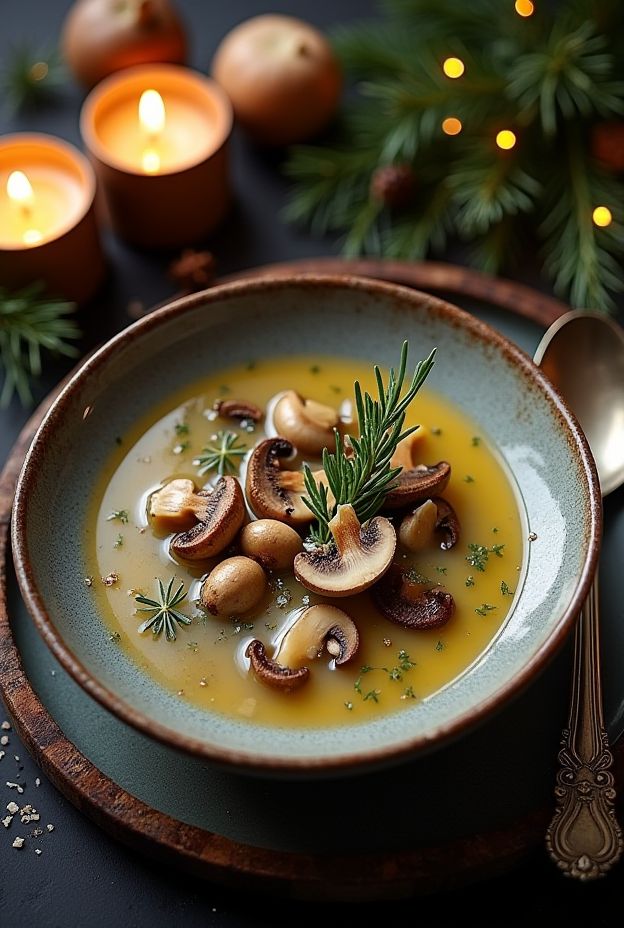 Luxurious Winter Solstice Wild Mushroom & Truffle Soup with fresh herbs in a bowl surrounded by candles.