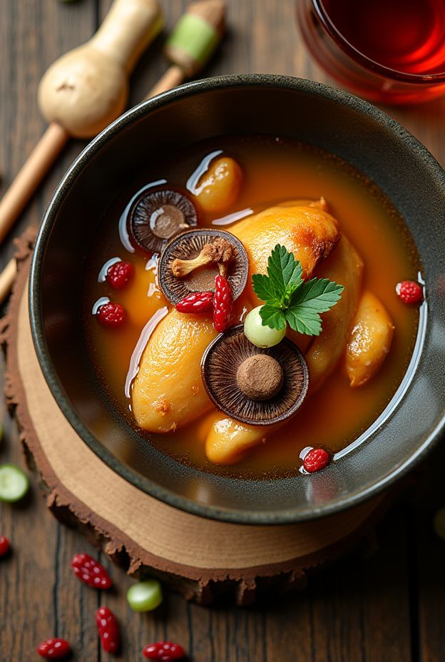 Adaptogenic Chicken & Reishi Mushroom Soup packed with nutrients for immune support and health benefits.