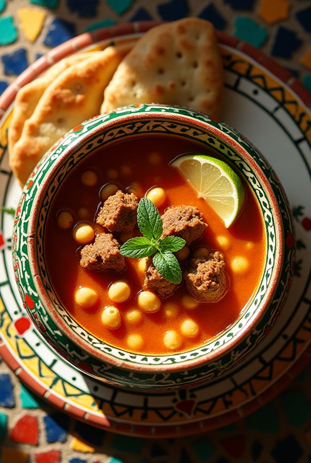 Delicious Algerian Chorba Frik soup with lamb, chickpeas, and cracked wheat served in a decorative bowl.