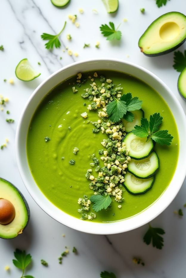 Raw chilled Alkaline Zucchini & Cucumber Soup with avocado, lime, and cilantro for hydration and pH balance.