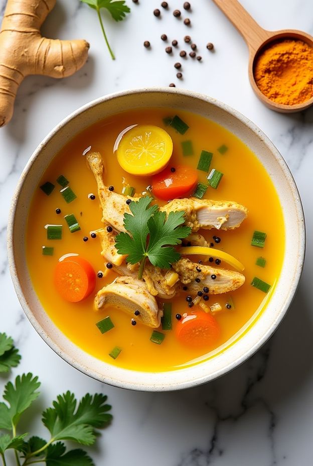 Bright yellow turmeric chicken soup with vegetables, garnished with cilantro, perfect for reducing inflammation and boosting health.