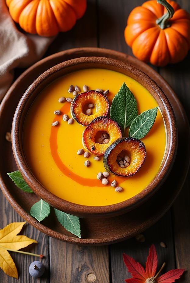 A warm bowl of autumn roasted delicata squash soup garnished with toasted pepitas and herbs, perfect for fall dining.